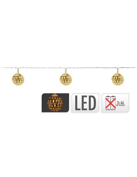 Guirnalda a pilas fija 10 leds con bolas color oro luz blanco calido 1,3m