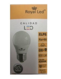 LAMPARA ILUMIN LED ESF. E27 6W 600LM  4200K ROYAL LED
