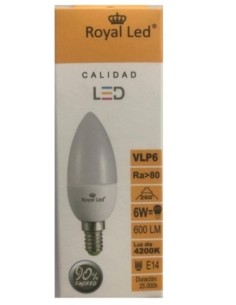 LAMPARA ILUMIN LED VELA E14 6W 600LM  4200K ROYAL LED