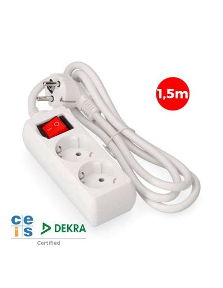 Base múltiple 2 tomas 2p+t con interruptor luminoso, 16 a 250 v~ 1,5 m de cable h05vv-f 3 g 1,5 mm blanca