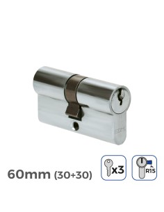 Cilindro 60 mm (30+30 mm) niquelado, leva larga r15 con 3 llaves de serreta incluidas