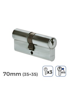 Cilindro 70 mm (35+35 mm) niquelado, leva larga r15 con 3 llaves de serreta incluidas