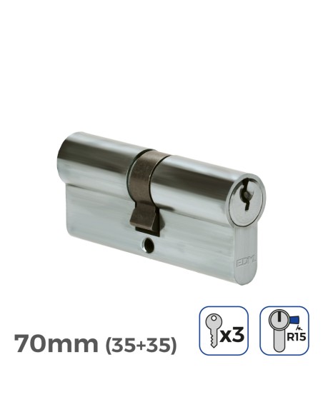 Cilindro 70 mm (35+35 mm) niquelado, leva larga r15 con 3 llaves de serreta incluidas