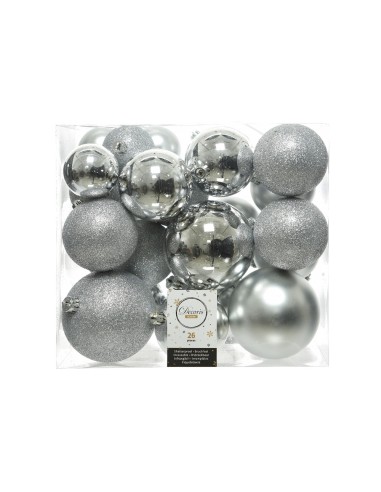 Caja de 26 bolas plateadas varios tamaños ø6cm/ø8cm/ø10cm