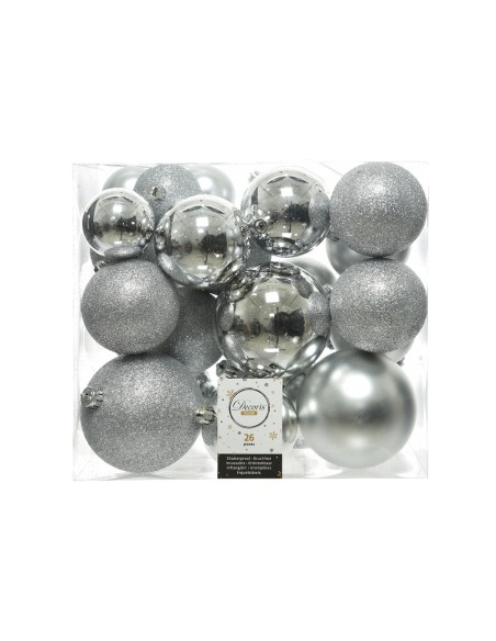 Caja de 26 bolas plateadas varios tamaños ø6cm/ø8cm/ø10cm