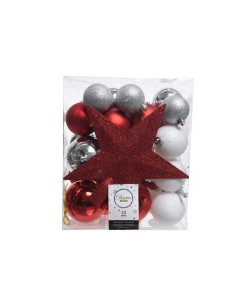 Caja con 33 accesorios para arbol plata, rojo y blanco mate