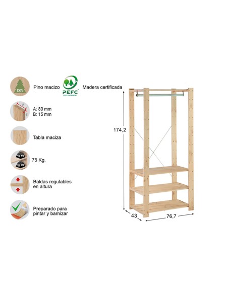 Kit vestidor evolution 76,5 x 38,5 x 174,5 cm