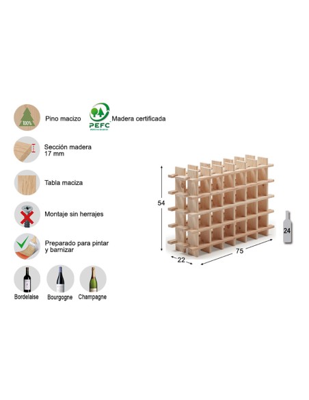Botellero de pino macizo evolutivo rioja para 24 botellas 75 x 22 x 54 cm