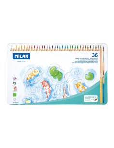 Caja metálica con 36 lápices de colores acuarelables mina gruesa ø3,5 mm hexagonales + pincel