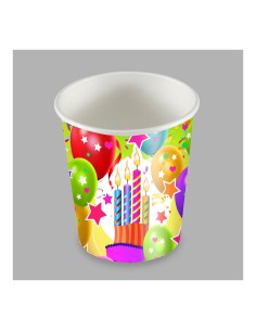 Vasos de cartón diseño globos y velas 200cc, 25 uds