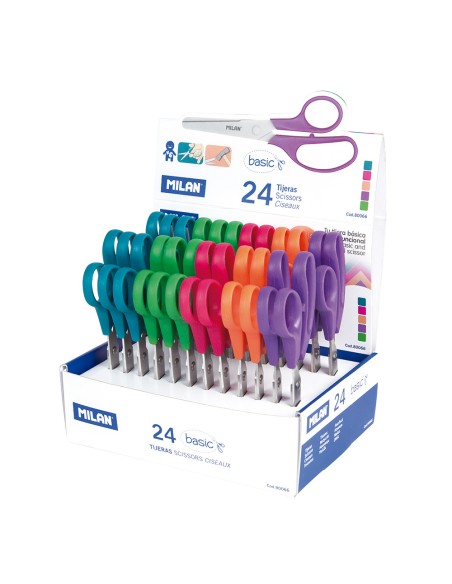 Tijeras escolares basic 13,3 cm colores surtidos, expositor 24 uds