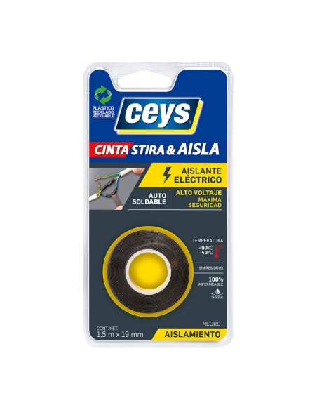 Cinta aislante eléctrica vulcanizable profesional stira & aisla negra 19 mm x 1,5 m