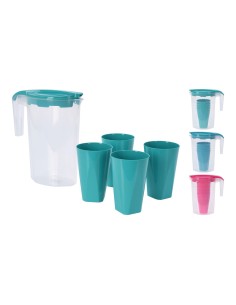 Jarra de plástico 1,75 l con 4 vasos 350 ml, colores surtidos