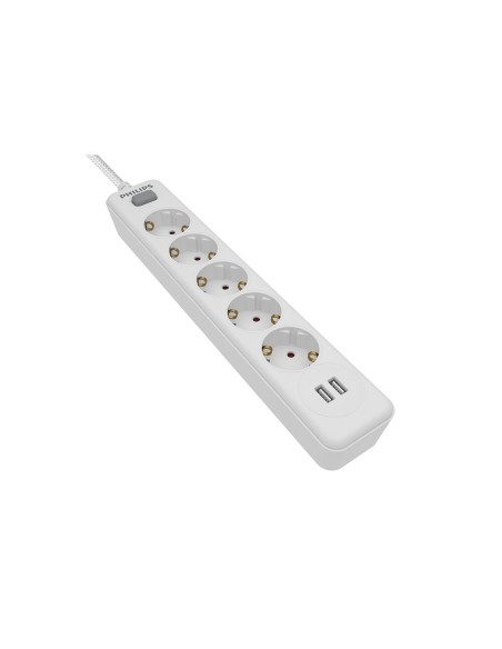 Base múltiple 5 tomas schuko, con interruptor + 2 usb a, 2 m cable, 16a 230v~, blanca