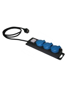 Base multiple 3 tomas 2p+t schuko, interruptor, ip44, 1,5 m de cable h05rr-f 3g1,5 mm, negra/azul