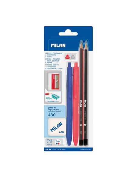 Blister con 2 bolígrafos p1 (azul/rojo), 2 lapices grafito hb y h, goma 430 y sacapuntas milan colores / modelos surtidos