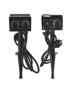 Base múltiple, 2 uds, 2 tomas schuko estaca jardin, con tapas, ip44 negra