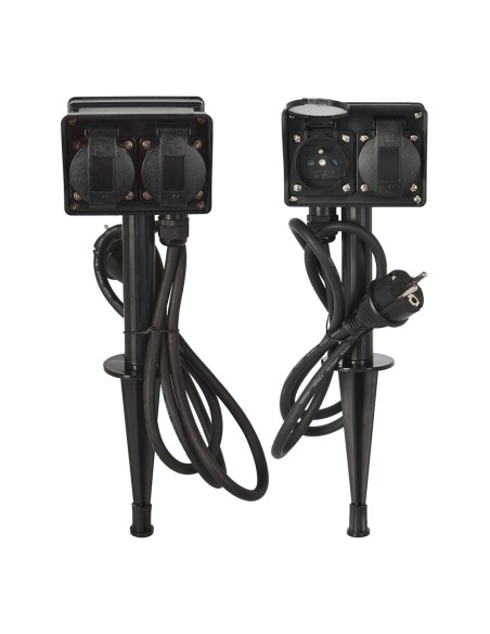 Base múltiple, 2 uds, 2 tomas schuko estaca jardin, con tapas, ip44 negra