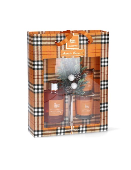 Estuche mikado difusor + 2 velas naranja-canela