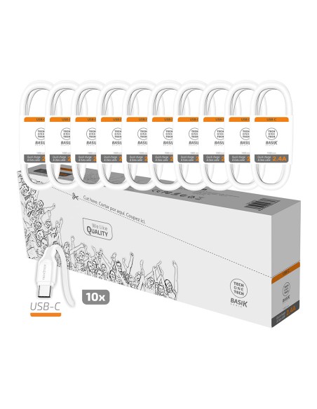Pack ahorro 10 cables basik usb-a usb-c 2,4a blanco tech one tech