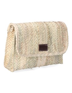 Bolso de palma lola con tapa y asa de piel.