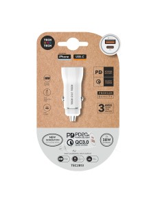 Cargador mechero blanco pd 38w con usb-c + usb-a. tech one tech