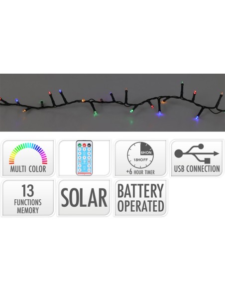 Guirnalda led solar 240 leds 13 funciones parpadeante exterior multicolor cable verde 10 m
