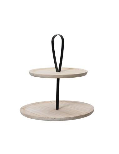 Centro de mesa redondo de madera, con dos repisas.