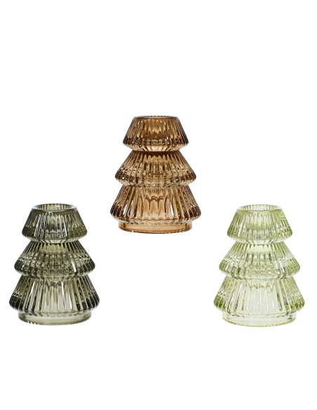 Portavelas cristal en forma de árbol de navidad, colores surtidos ø6,5 x 8 cm