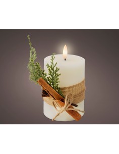 Vela de cera led efecto llama, color blanco, superficie rústica con ramillete ø7,5 x 13 cm