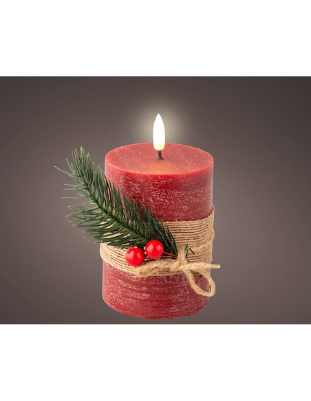 Vela de cera led efecto llama, color rojo, superficie rústica con ramillete ø7,5 x 13 cm