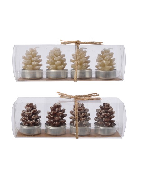 Vela de cera en forma de piña, efecto nevado, modelos variados ø3,5 x 5,5 cm, caja de 4 uds