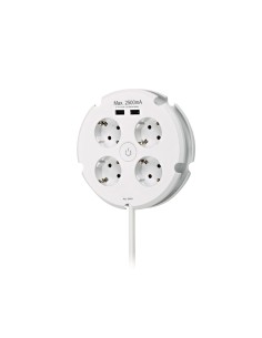 Base múltiple redonda 4 tomas 2p+t schuko, con interruptor+ 2 usb, 1,5 m de cable h05vv-f 3g1,5 mm, 16 a 250 v~, blanca