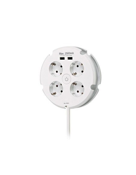 Base múltiple redonda 4 tomas 2p+t schuko, con interruptor+ 2 usb, 1,5 m de cable h05vv-f 3g1,5 mm, 16 a 250 v~, blanca