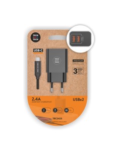 Cargador doble 2,4 a + cable nylon usb-c negro
