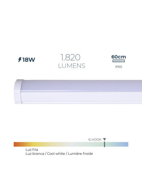Regleta led 18 w 6.400 k luz fría 1.820 lm 60 x 4,6 x 5,1 cm