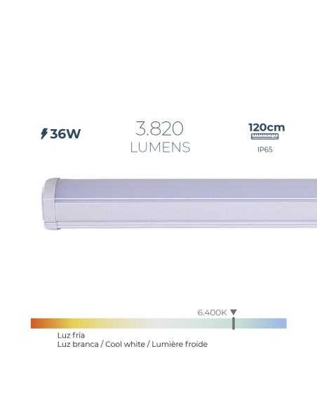 Regleta led 36 w 6.400 k luz fria 3.820 lm 120 x 4,6 x 5,1 cm