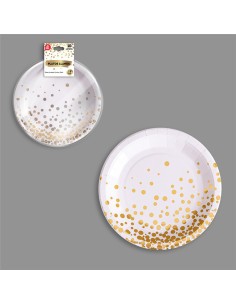 Platos de cartón blanco / dorado ø18 cm, 10 uds