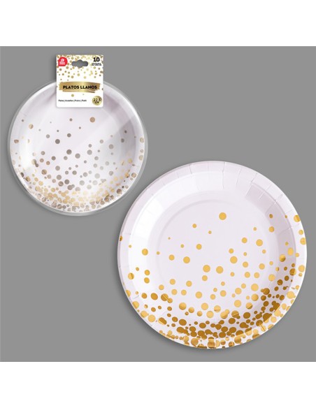 Platos de cartón blanco / dorado ø22,5 cm, 10 uds