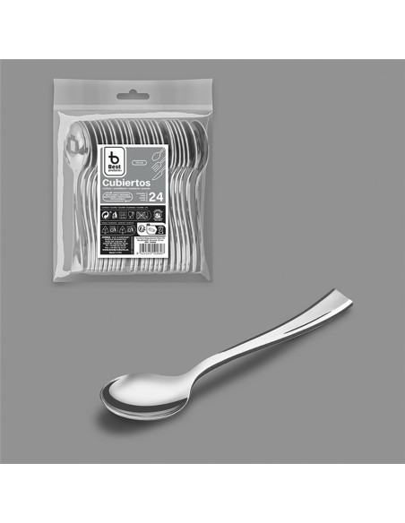 Cuchara degustación 10 cm reutilizable color plata, 24 uds