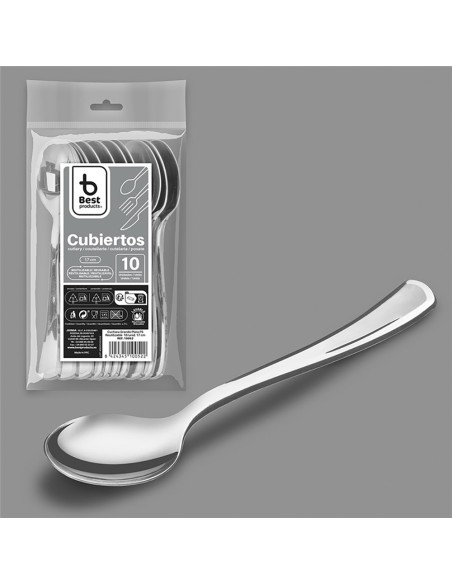 Cuchara reutilizable color plata 17 cm, 10 uds
