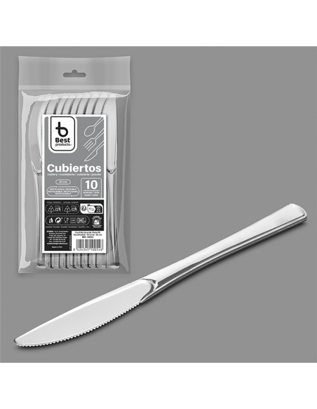 Cuchillo reutilizable color plata 20 cm, 10 uds