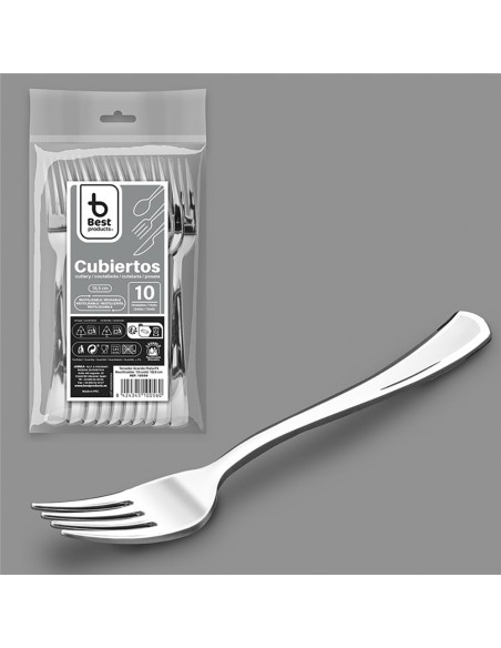 Tenedor reutilizable color plata 18,5 cm, 10 uds
