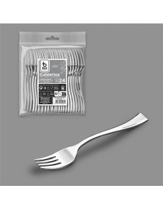 Tenedor degustación 10 cm reutilizable color plata, 24 uds