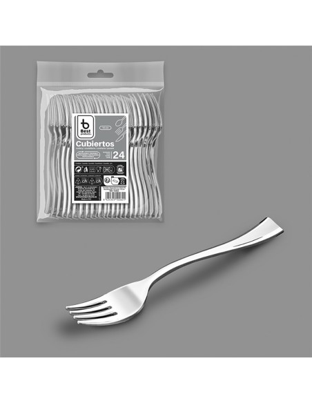 Tenedor degustación 10 cm reutilizable color plata, 24 uds