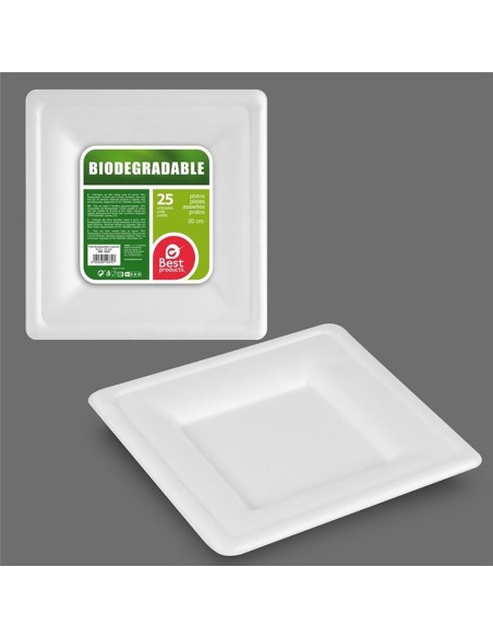 Platos de cartón cuadrados blancos 20 cm, 25 uds