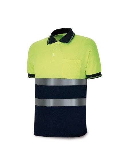 Polo amarillo fluorescente / azul marino, manga corta de alta visibilidad, l