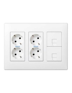 Caja con 4 schuko + 2 rj45, 500 cima superficie o empotrar blanca