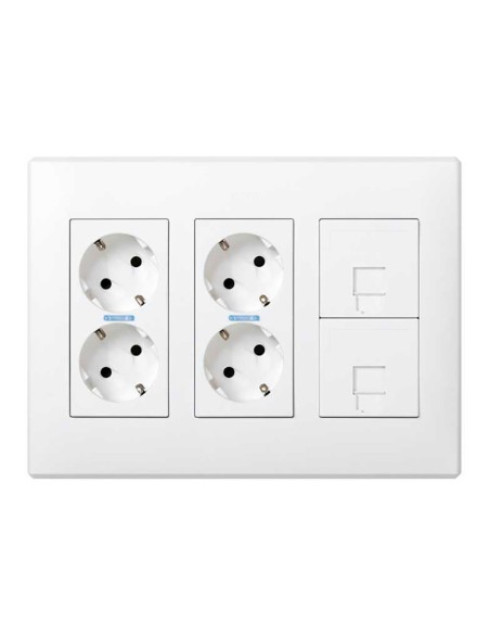 Caja con 4 schuko + 2 rj45, 500 cima superficie o empotrar blanca