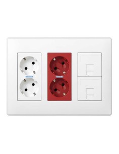 Caja con 2 schukos blancos + 2 schukos rojos + 2 rj45 500 cima superficie o empotrar blanca